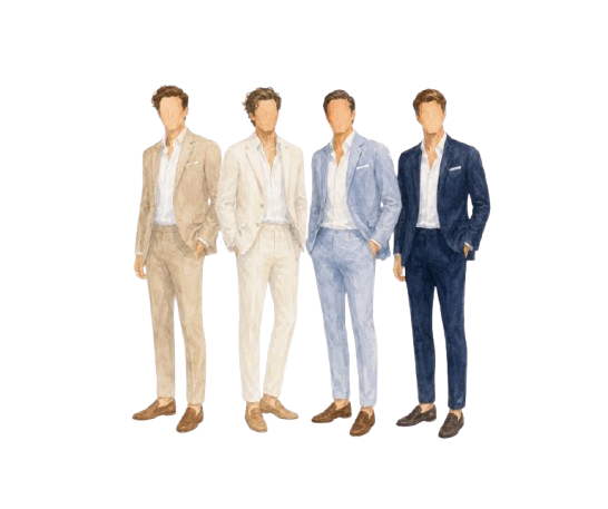 Referência de dress code masculino: ternos em bege, off-white, azul claro e azul-marinho com camisa branca